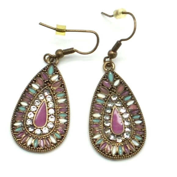 Vintage Mosaic Teardrop Earrings Rhinestone Dangle Boho - Picture 3 of 9